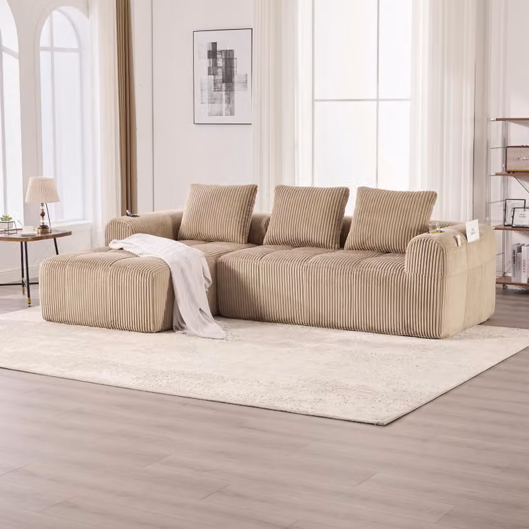 LVHOM Divano componibile con funzione letto, divano angolare con rivestimento in velluto a coste, 3 posti con portabicchieri, divano letto senza montaggio, divano lounge con tasca laterale, kaki