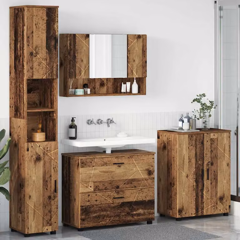 Set di mobili per il bagno vidaXL 4 pezzi in legno e metallo marrone L/P/H: 35 x 30 x 192 cm