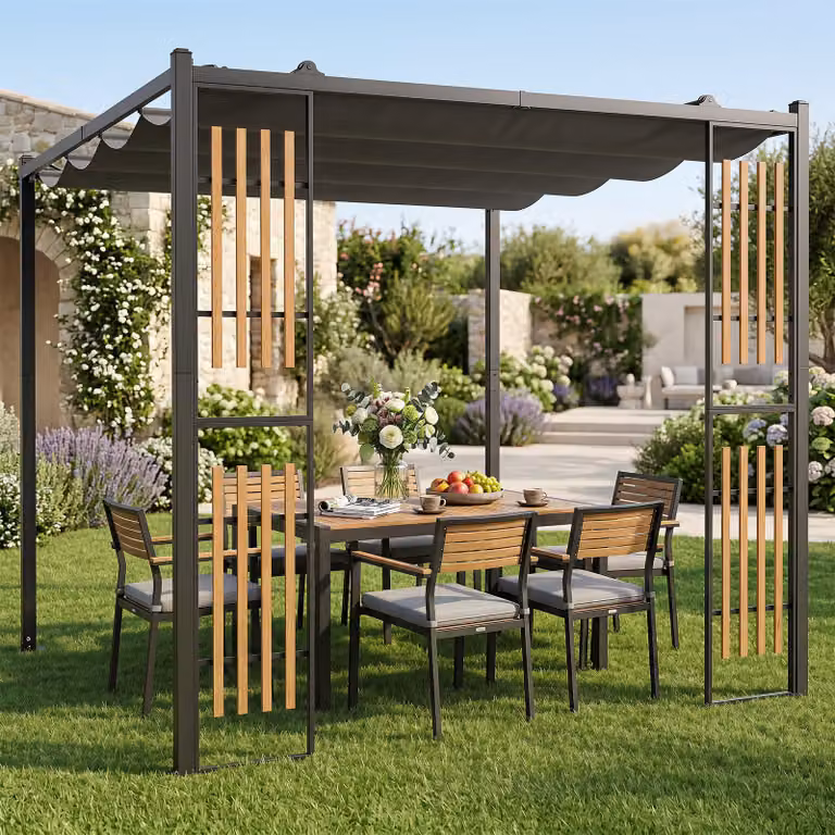 Gazebo da giardino Costway con 2 paraventi e copertura avvolgibile in metallo e poliestere, colore antracite, L: 230 cm, P: 220 cm, H: 230 cm