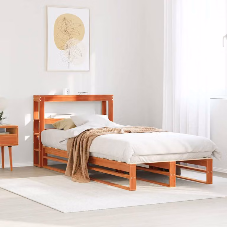 Letto in legno di pino massiccio vidaXL con ripiani laterali e doghe fisse, colore marrone, stile rustico