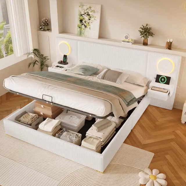 Letto matrimoniale imbottito 180 × 200 cm con contenitore idraulico in velluto beige testiera LED e porte USB