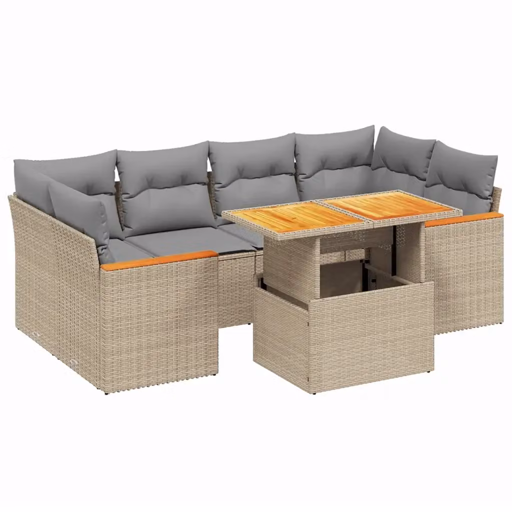Set di Divani da Giardino vidaXL 7 pz a Forma a L con Cuscini Beige e Tavolino, Design Moderno in Polyrattan e Legno di Acacia – 2