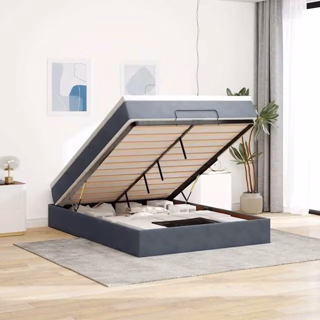 Letto con contenitore a sollevamento vidaXL in velluto grigio e bianco con materasso L: 140 cm, P: 200 cm, H: 23,5 cm – 1