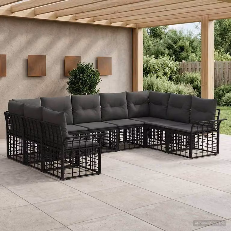 vidaXL Set di divani da esterno a forma di U composto da 9 pezzi in stile rustico, colore nero e grigio, con struttura in metallo e cuscini inclusi