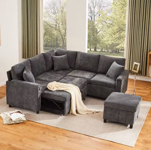 Divano angolare MODFU grigio con letto estraibile, porta tazze, illuminazione LED e ricarica USB, L/P/H: 205 x 205 x 85 cm – 1