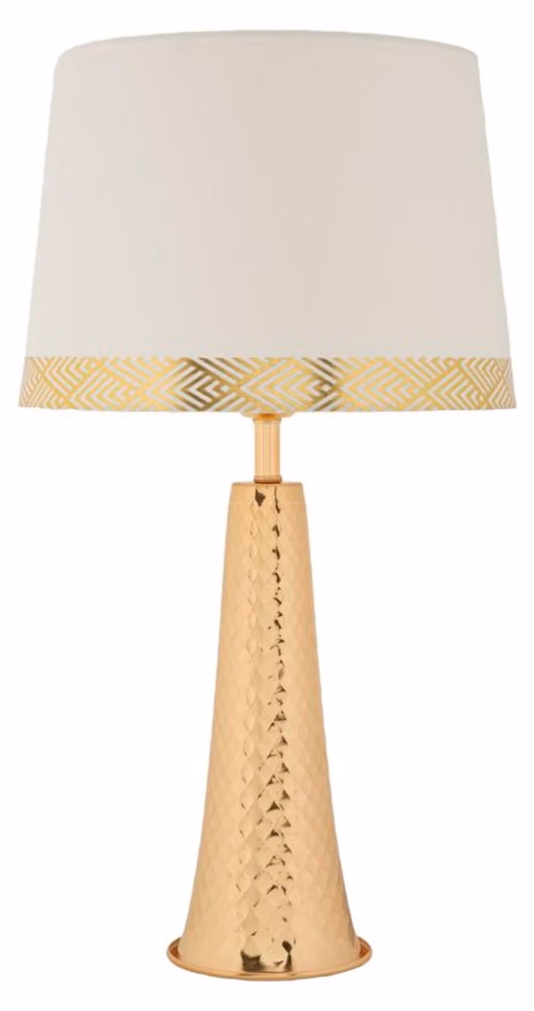 Lampada da tavolo Tower, struttura in ferro, paralume in tessuto strutturato, dimensioni 30x54 cm, finitura oro e bianco, design Mauro Ferretti