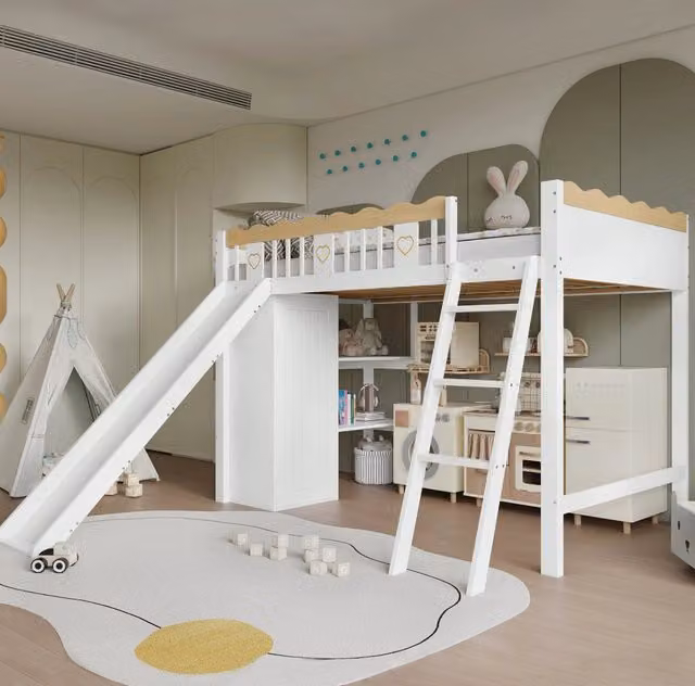 Letto a soppalco 90x200 cm con scivolo; guardaroba e vano contenitore in legno e MDF bianco naturale