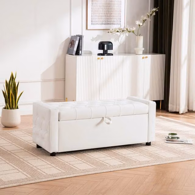 Panca contenitore rettangolare con seduta imbottita e vano portaoggetti, in legno e tessuto bianco 122 × 45 × 47 cm