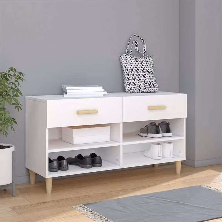 Scarpiera moderna vidaXL bianca in legno con ante a battente e ripiani, L 102 x P 35 x H 55 cm
