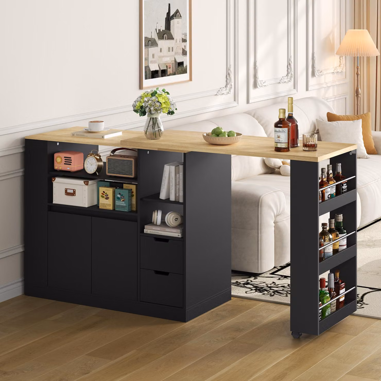 Tavolo allungabile per sala da pranzo con piano allungabile, tavolo da pranzo con ripiani su tre lati e due cassetti, tavolo da cucina, colore nero