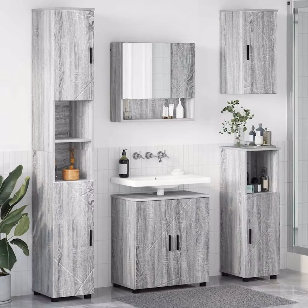 Set di mobili per il bagno moderno vidaXL composto da 5 pezzi in grigio e nero, con mobile lavabo, armadietto con specchio e colonna, L/P/H: 61 x 35 x 64 cm – 1