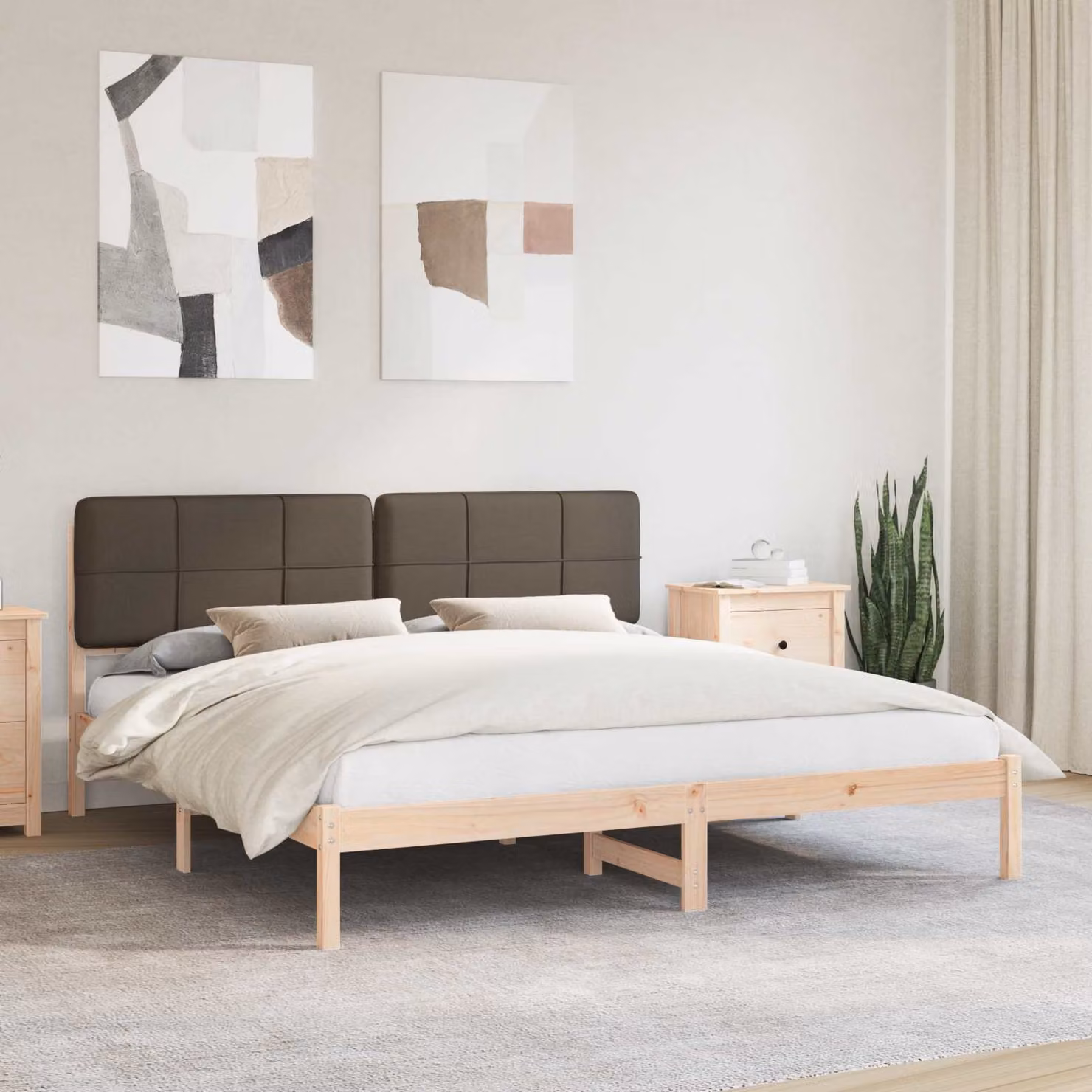 Letto con Testiera Rivestita vidaXL in Pino Massello, Colore Beige/Grigio, L/P/H: 180 x 200 x 151 cm – 1