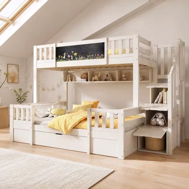 Letto a castello 90x200 e 140x200 cm con lavagna e contenitore in legno e metallo bianco