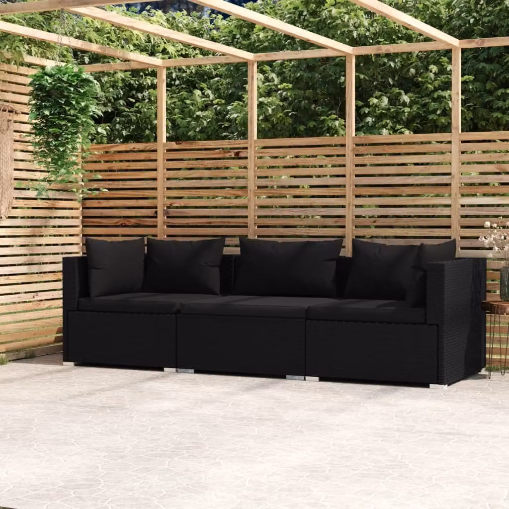 Maison Exclusive - Divano a tre posti con cuscini in rattan sintetico nero