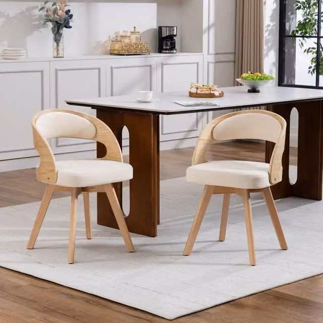 Set di 2 sedie da pranzo girevoli in lino beige con seduta imbottita gambe in legno di faggio e schienale curvo