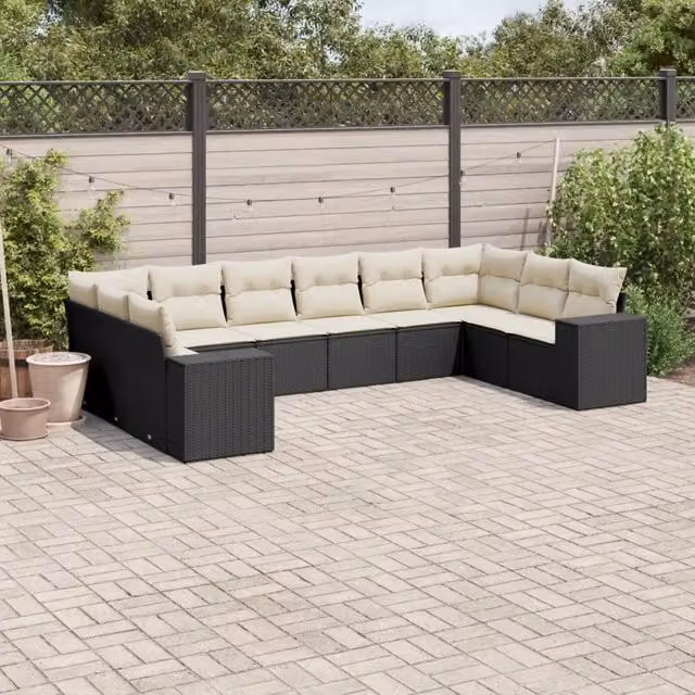 Set di divani da giardino moderno vidaXL composto da 10 pezzi con cuscini bianchi e struttura in metallo nero e rattan