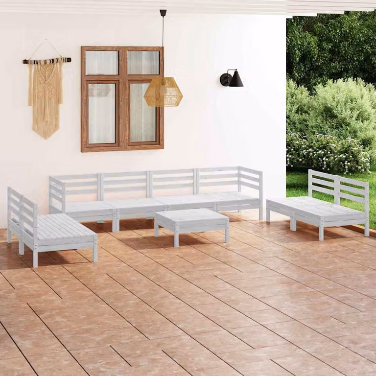 Set di divani da giardino vidaXL in legno di pino bianco con cuscini, composizione a L con tavolino da caffè, 9 pezzi