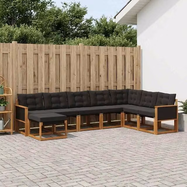 Set di divani da esterno a L vidaXL in legno di acacia con cuscini marrone e nero – 1