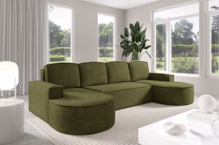 GUTTO Molly Divano angolare a U di forma arrotondata in velluto color crema e verde ruggine - forma arrotondata di tendenza (con funzione letto)