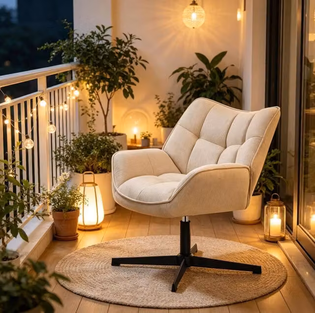 Poltrona girevole beige in lino con seduta imbottita, 360°, 150 kg