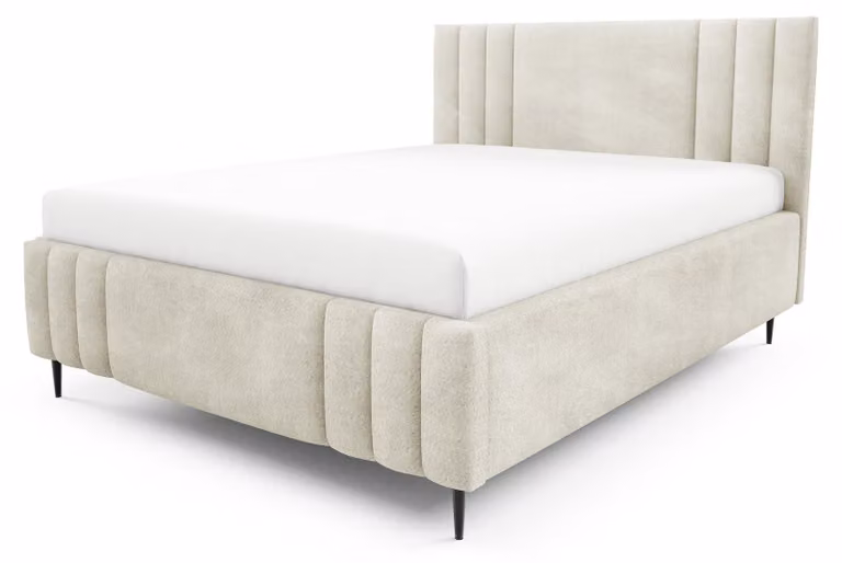 Letto imbottito con contenitore e falda in lino color beige, dimensioni 140 x 200 cm