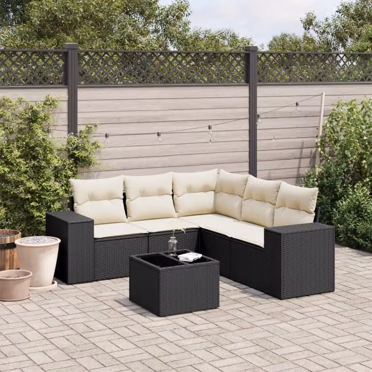 vidaXL Set Divano da Giardino 6 pz a L in Polyrattan Nero con Cuscini e Tavolino da Esterno