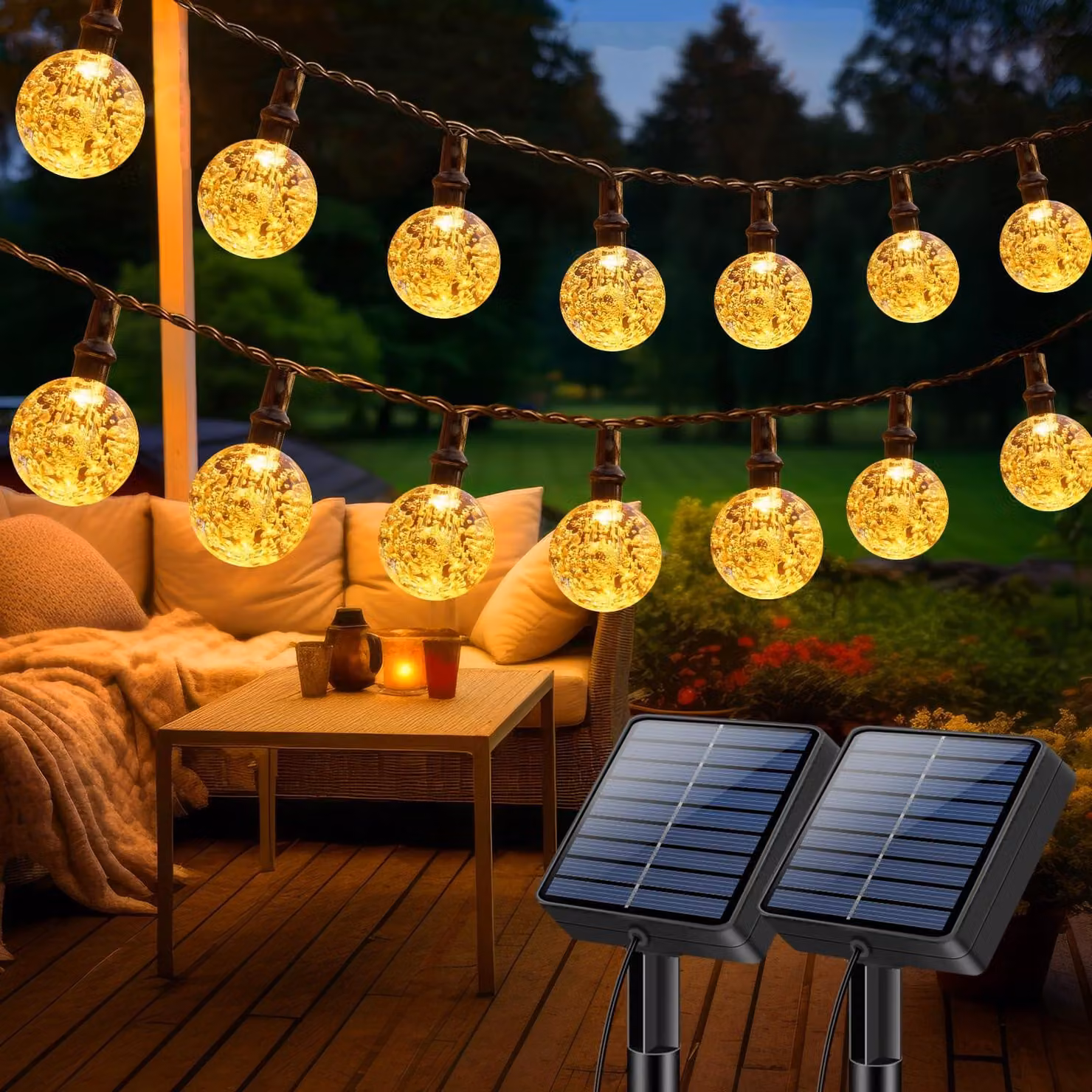 Catena luminosa solare, 15 metri, 50 sfere di cristallo a LED, luce bianco caldo, grado di protezione IP65, 8 modalità