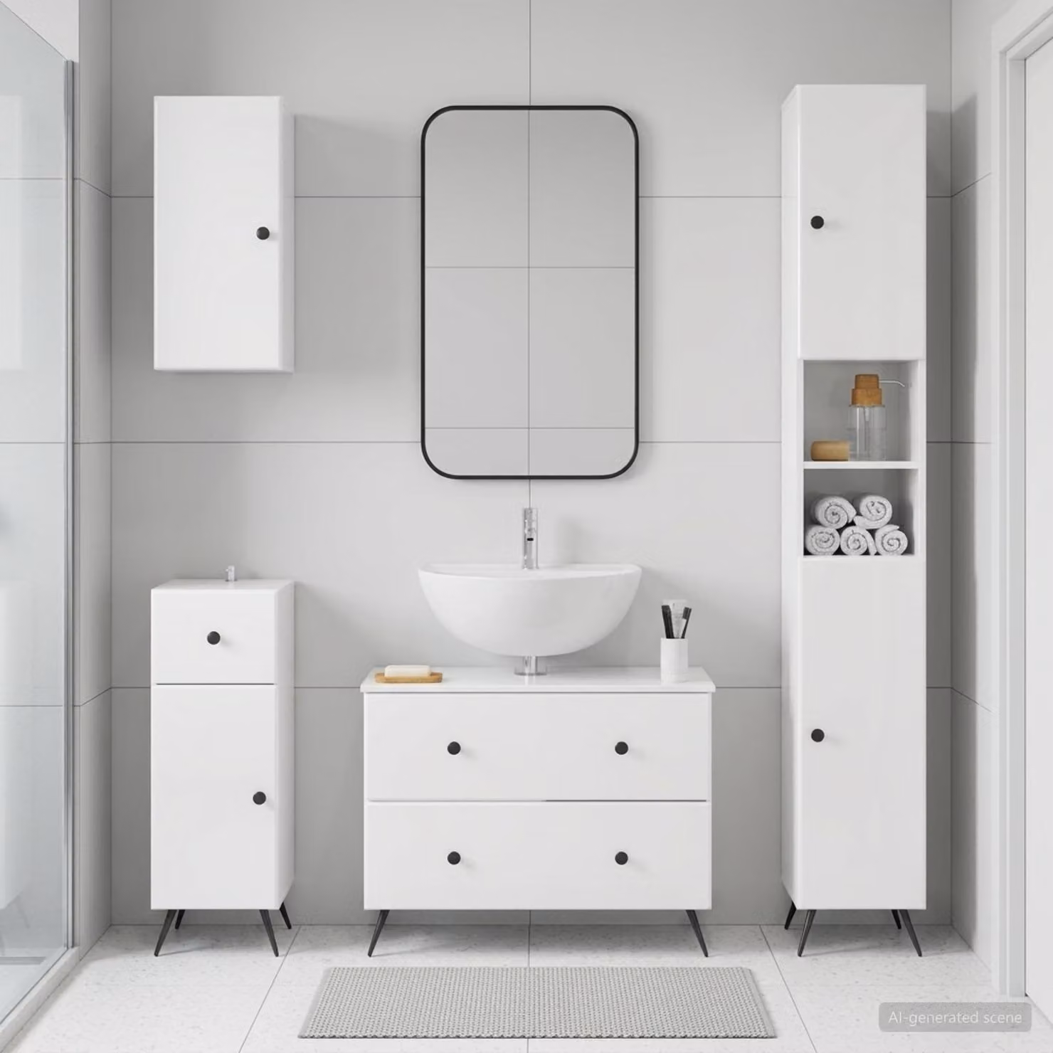 Set di mobili da bagno moderno vidaXL BREDA in legno bianco lucido, composto da 4 pezzi con mobile lavabo e pensili a muro