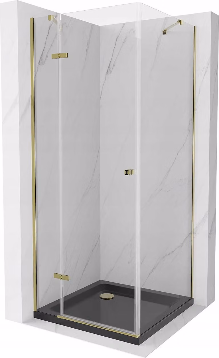 Mexen Roma cabina doccia a battente 80 x 80 cm, trasparente, oro + piatto doccia Flat, nero - 854-080-080-50-00-4070G