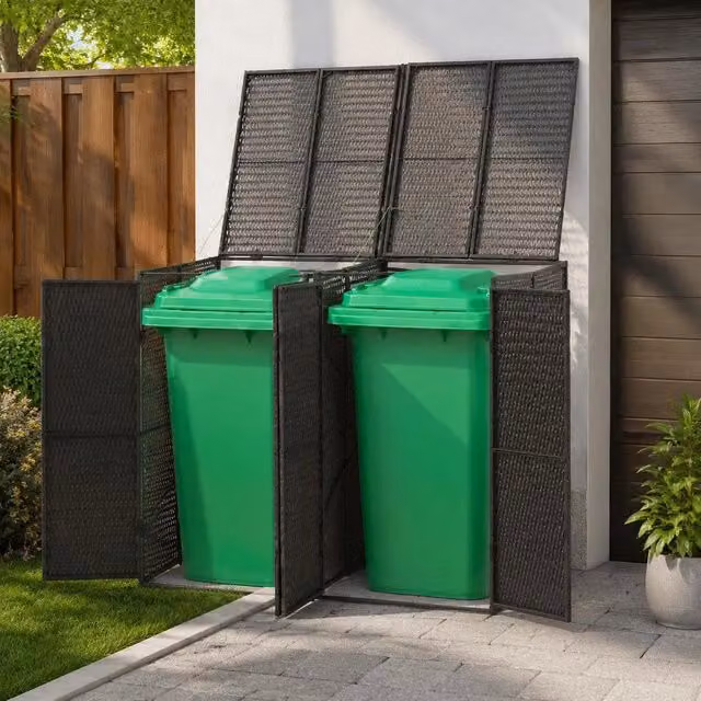 Bin Storage Unit For 2 Bins, Black, 140x80x117 Cm, Poly Rattan