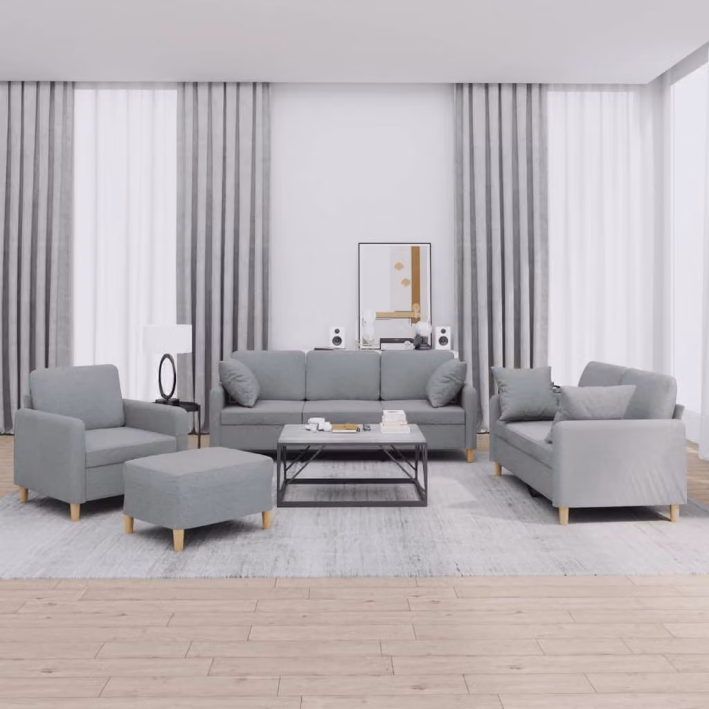 Set di Divani vidaXL 4 Pezzi Moderno in Tessuto Grigio con Cuscini e Pouf – 1