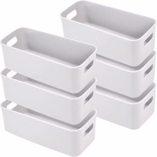 Set di 6 contenitori rettangolari per archiviazione in plastica, organizzatori per casa e ufficio, grigio e bianco