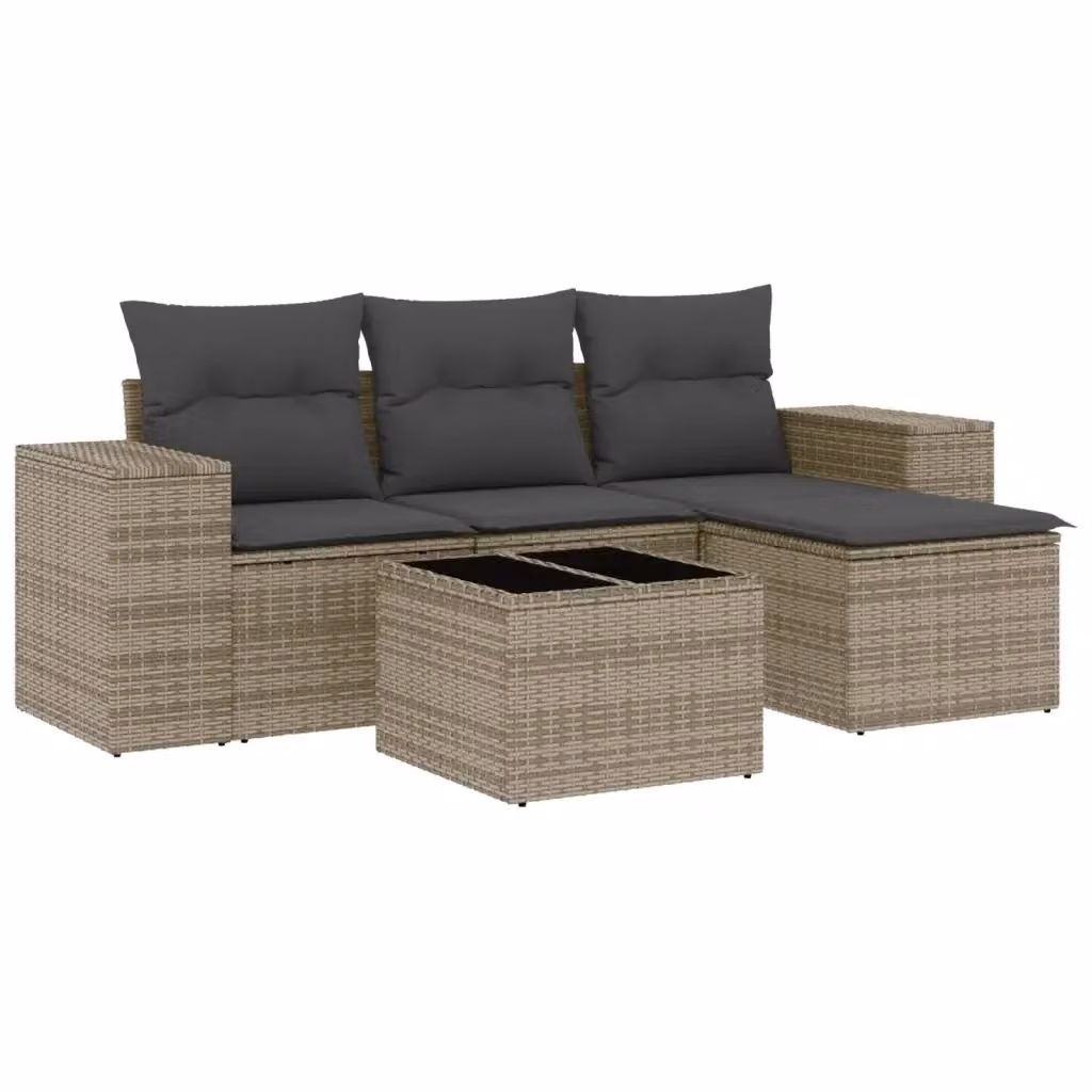 vidaXL Set Divano da Giardino a L 5 pz in Polyrattan Grigio con Cuscini e Tavolino da Esterno – 2
