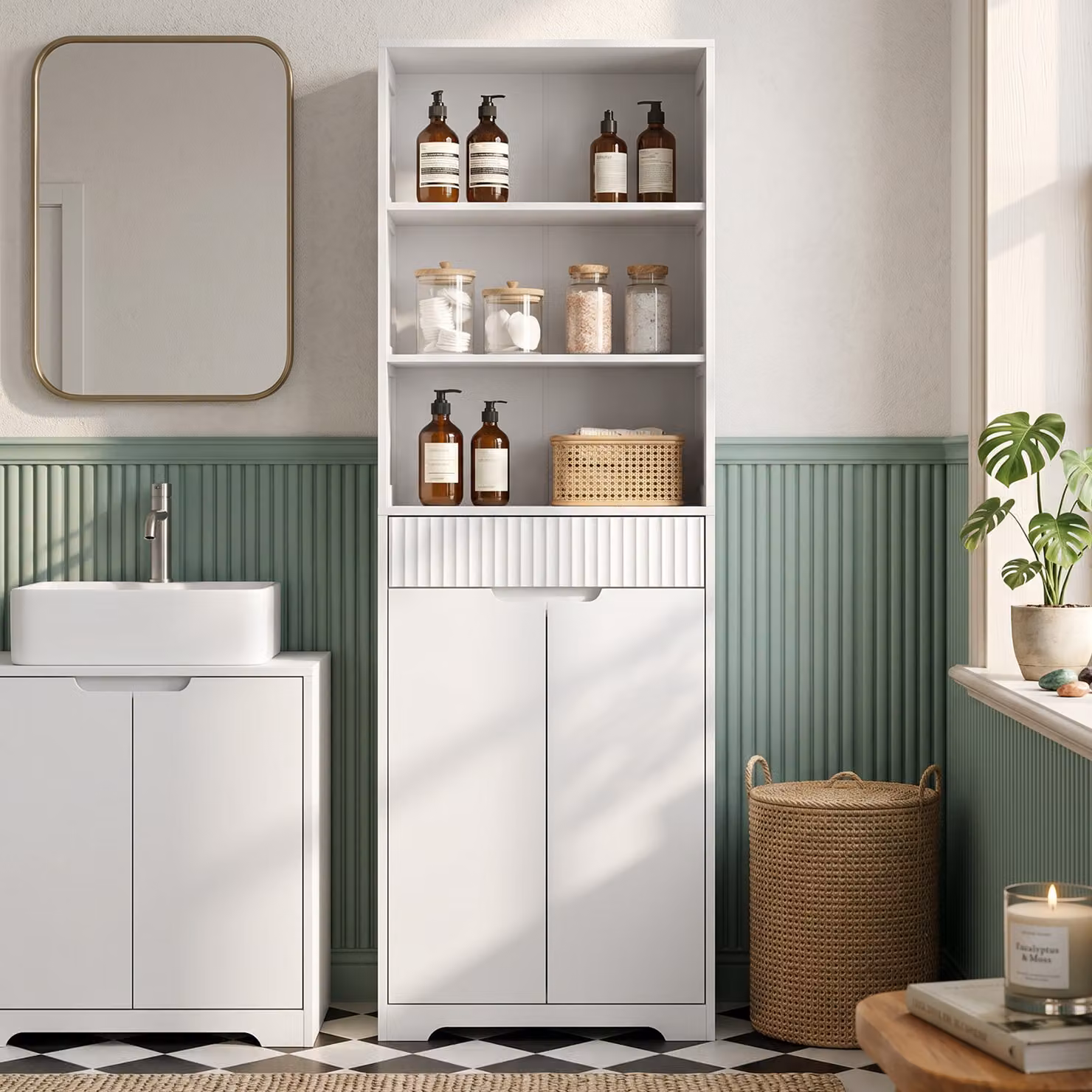 Armadietto da bagno stretto HOMCOM bianco con cassetto e 3 ripiani aperti – 2