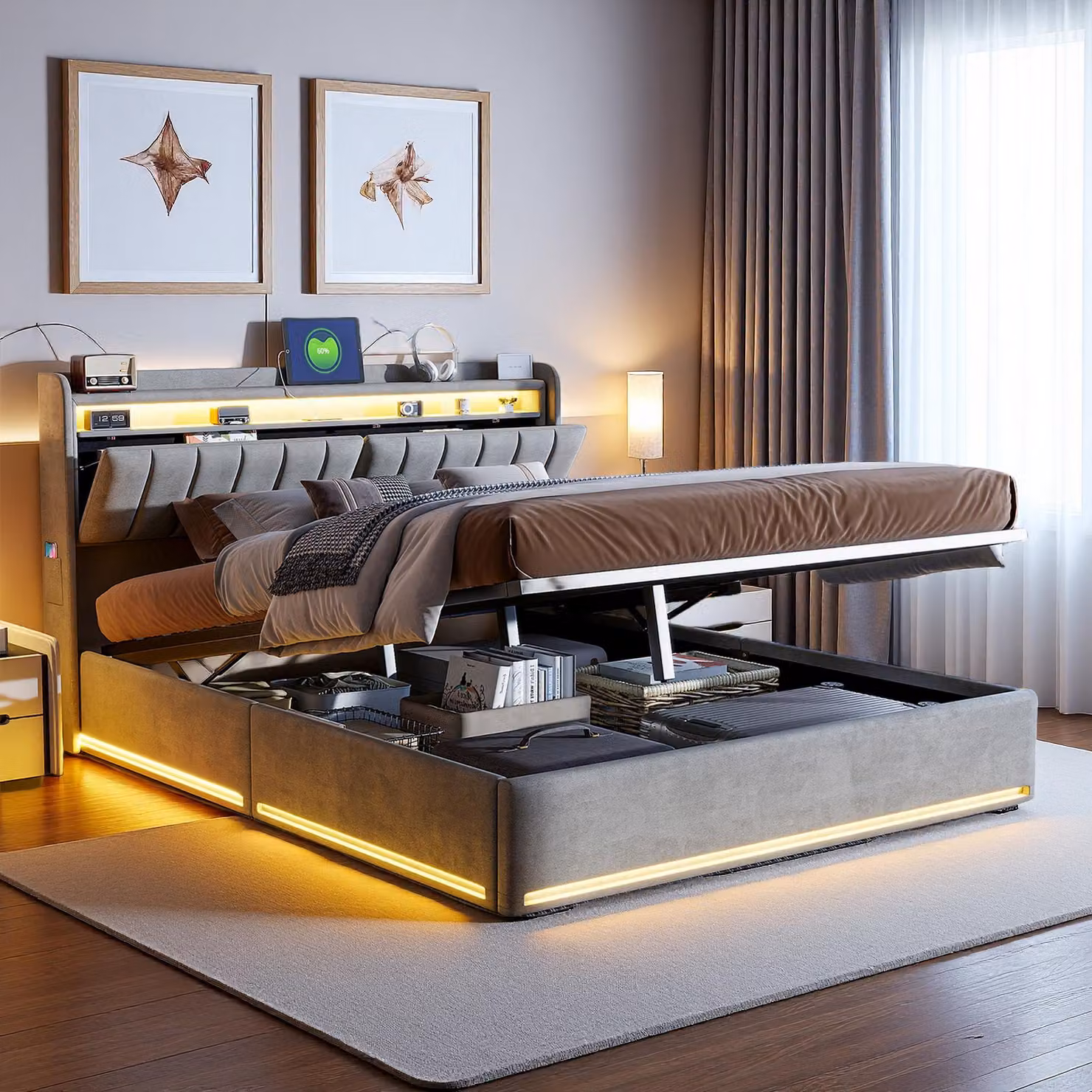Letto imbottito in velluto ProximaX 140x190 cm in grigio - letto matrimoniale con illuminazione a LED sulla testata e sul giroletto, letto con contenitore a pressione di gas con spazio di archiviazione