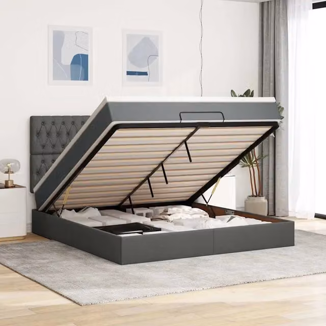 Letto moderno vidaXL con contenitore a sollevamento, materasso a molle e illuminazione sottostante, colori grigio e bianco, L: 200 cm, P: 160 cm, H: 128 cm