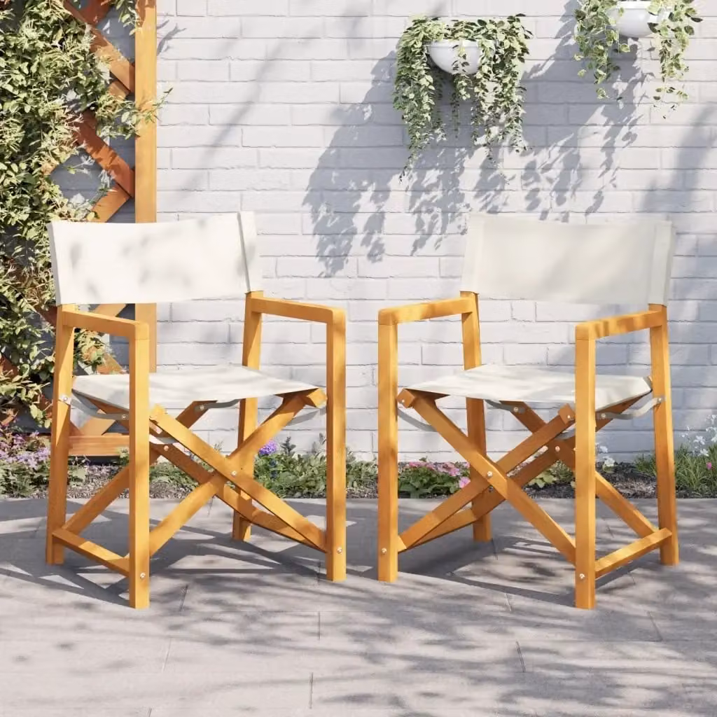 Set di 2 sedie da regista pieghevoli in legno di acacia e tessuto bianco e beige per esterno e giardino – 2