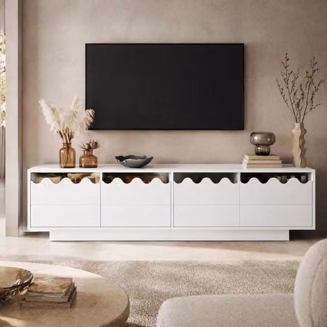 Mobile TV bianco con 4 ante e design ondulato, 170 cm