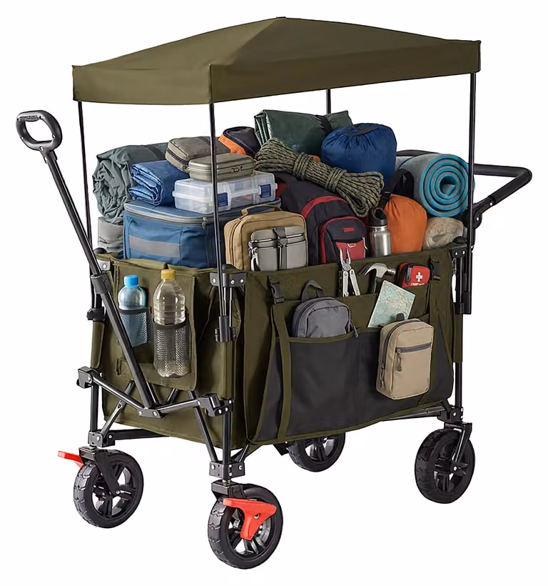 Carretto pieghevole Relaxdays, 150 kg, tettuccio, maniglia telescopica e di trascinamento, ruote in gomma con freno, carrello da trasporto, verde