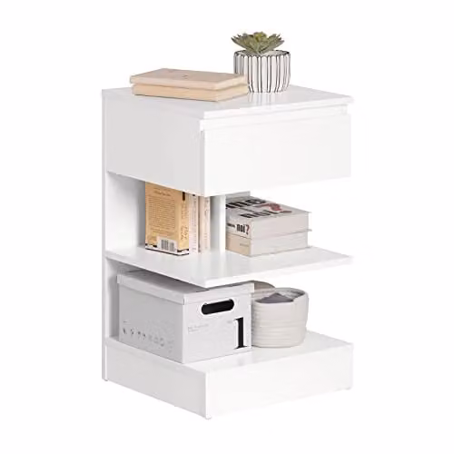 SoBuy Comodino Camera da Letto - Comodino con 1 Cassetto e 2 Ripiani, Tavolino Salotto - Moderna Cassettiera L39 x P39 x A65 cm Bianco FBT49-W