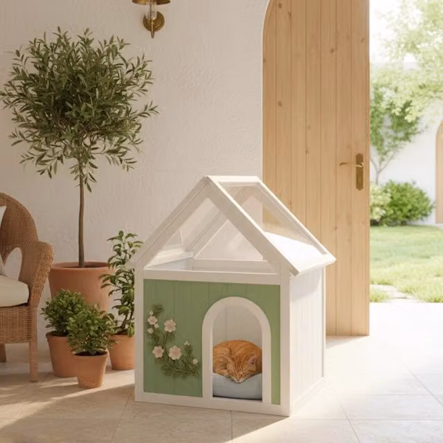 Cuccia per Gatti in Legno Massiccio FSC®, Stile Cottage Elegante, Mobile Decorativo da Interno per Gatti e Cani di Piccola Taglia