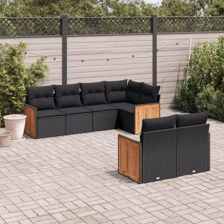 Set di divani da giardino a forma di L vidaXL con 7 cuscini neri in rattan e struttura in metallo