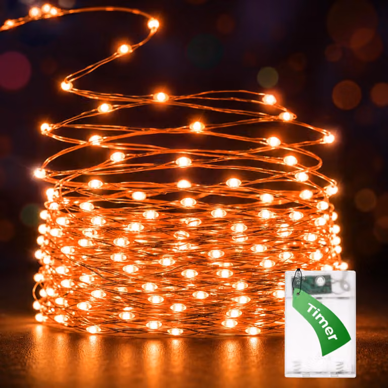 Catena luminosa a LED, 5 metri, 50 LED arancioni, con timer, grado di protezione IP65, alimentazione a batteria