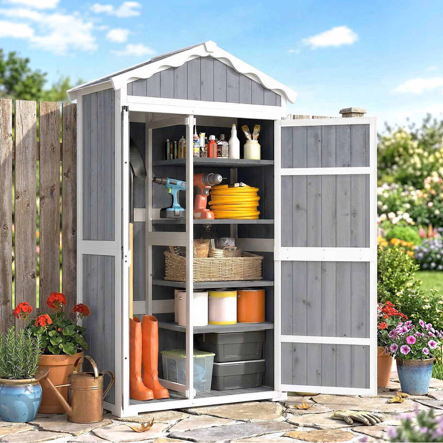 Casetta da Giardino Outsunny in Legno e Metallo con 4 Ripiani, Armadio per Attrezzi Grigio, L 105 cm x P 55 cm x H 179 cm – 2