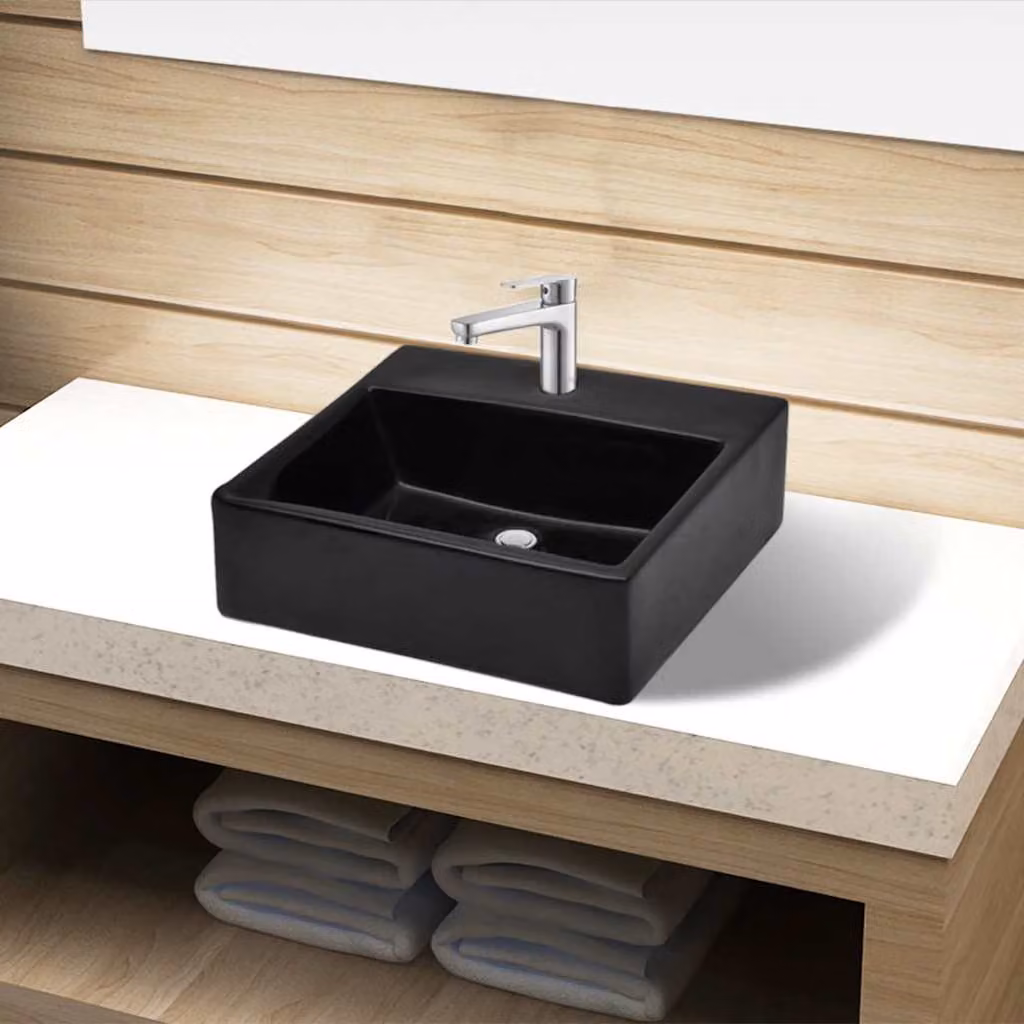 Lavandino da appoggio per bagno vidaXL in ceramica nera, forma quadrata, L: 38,0 cm, P: 30,0 cm, H: 11,5 cm – 1