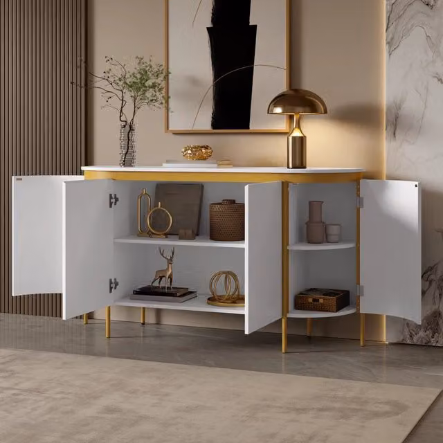 Credenza ovale con 4 ante senza maniglie, ripiano e passacavi in MDF bianco con piedi in metallo, 140×38×80 cm