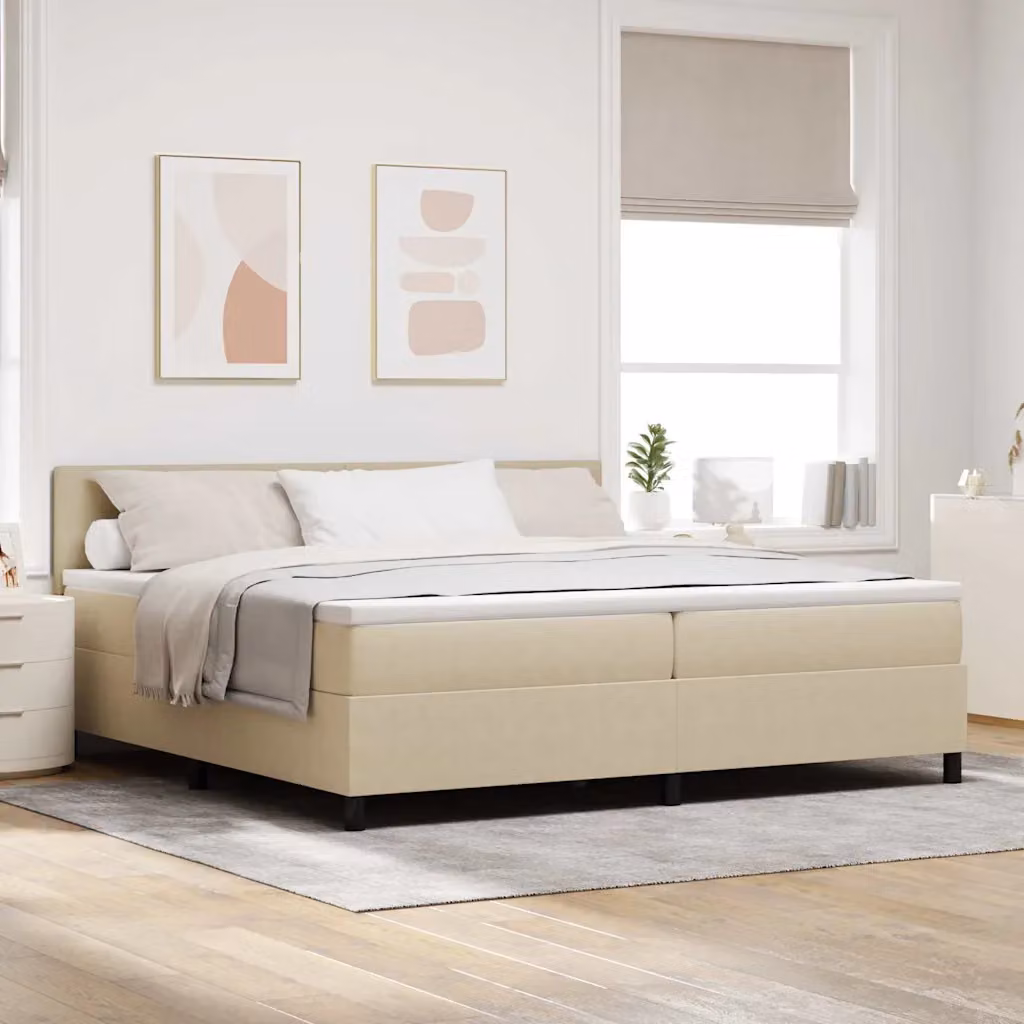 Letto a molle con testiera vidaXL in tessuto, Grigio, Bianco e Beige, L: 200 cm, P: 200 cm, H: 203 cm