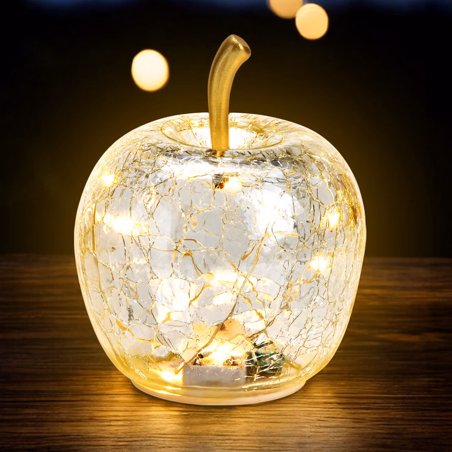 3.08 Piccola mela di vetro con 10 luci LED - Ø 11 cm - Batteria luminosa decorativa - Colore: Trasparente (piccolo)