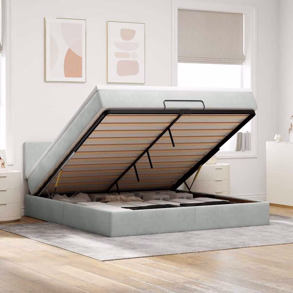 vidaXL Struttura Letto con Materasso e Contenitore a Sollevamento in Velluto Grigio e Bianco, L/P: 180 x 200 cm – 1