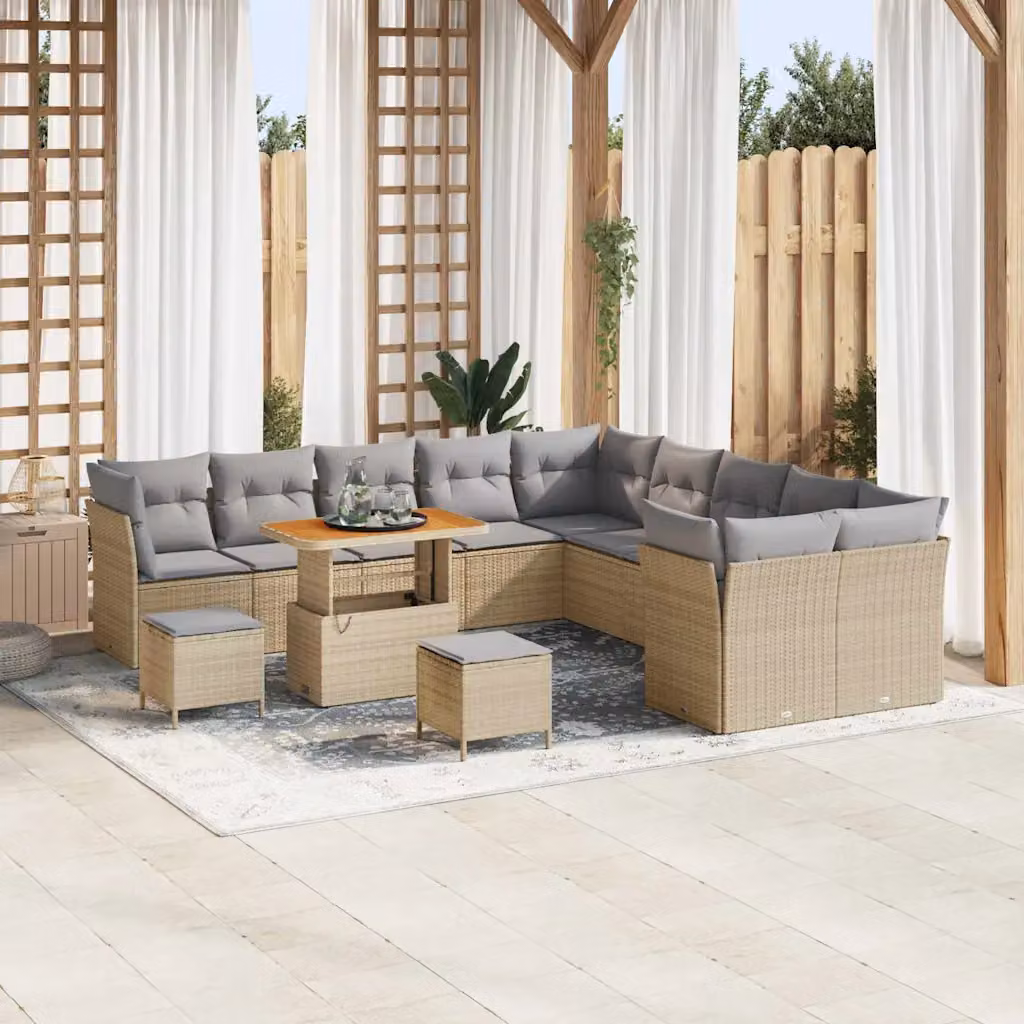 Set Divano da Giardino vidaXL 13 pz Beige a forma di U con Cuscini e Tavolino in Polyrattan e Metallo – 1
